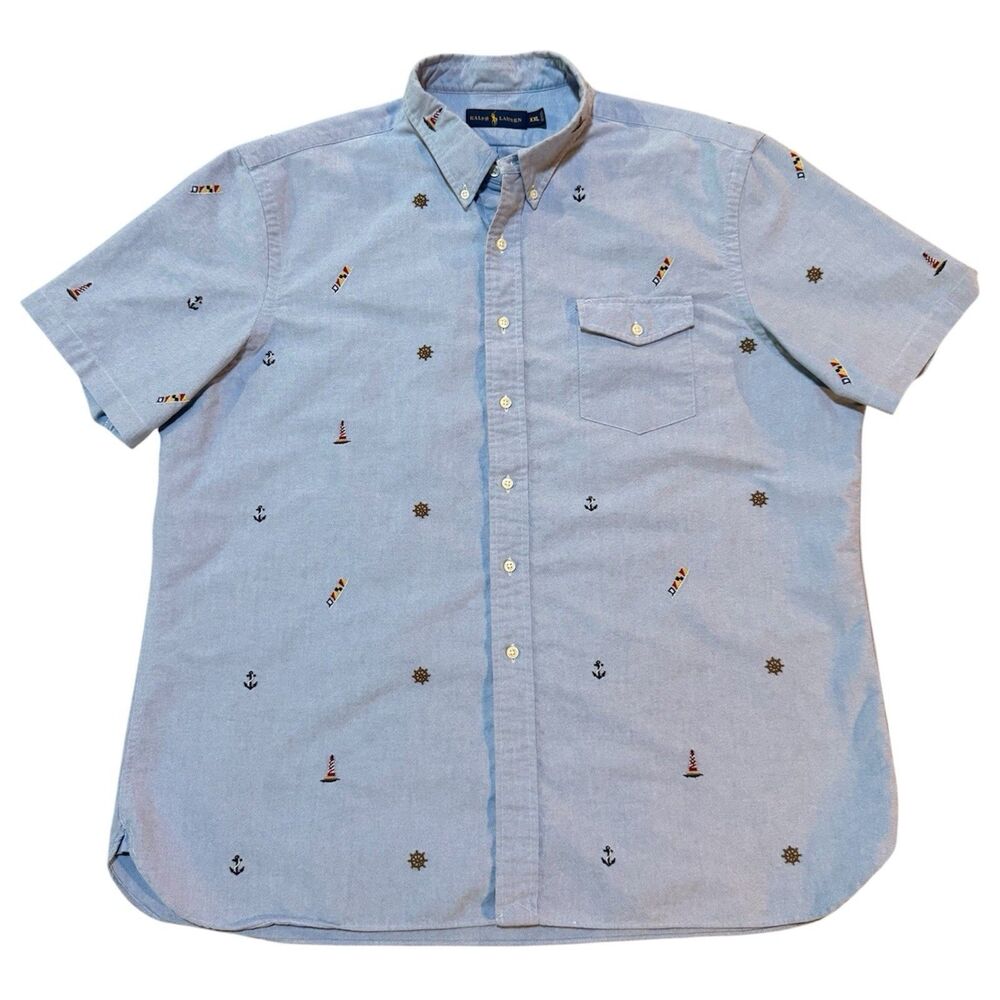 Ralph Lauren Polo Shirt XXL Blue Short Sleeve Nautical Logo All Over Embroidered
